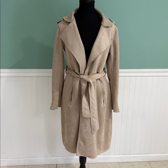 Tahari Classic Microfiber Faux Suede Stretch Tan Trench Coat - Picture 1 of 6